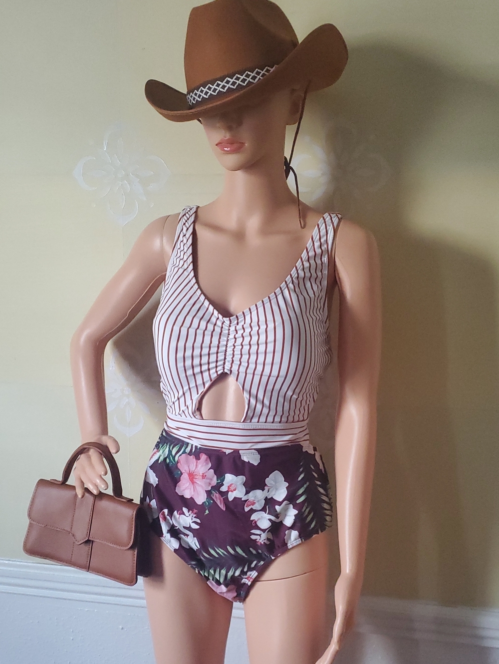 Striped Cutout One-Piece Swimsuit with Floral Bottom